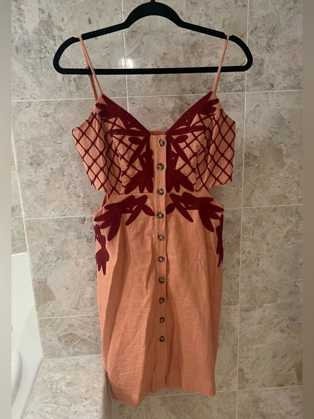 Peach Midi Dress with Rust Red Appliqué and Button Front